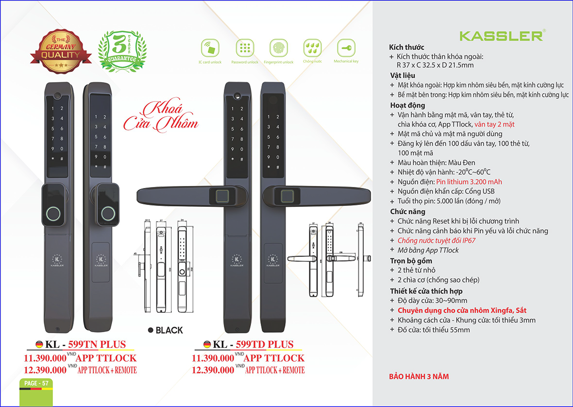 Khóa vân tay cửa nhôm Kassler KL599TN PLUS BLACK